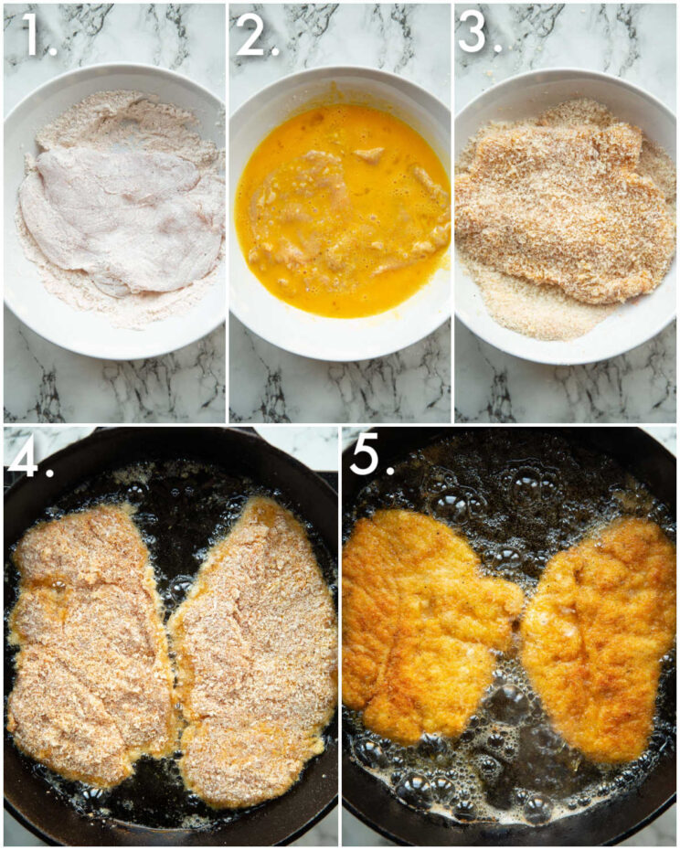5 step by step photos showing how to make chicken schnitzel
