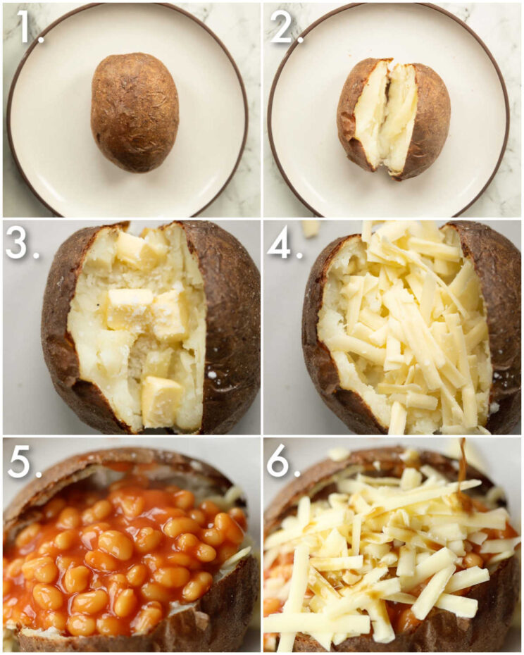 6 step by step photos showing how to make jacket potato with cheese and beans