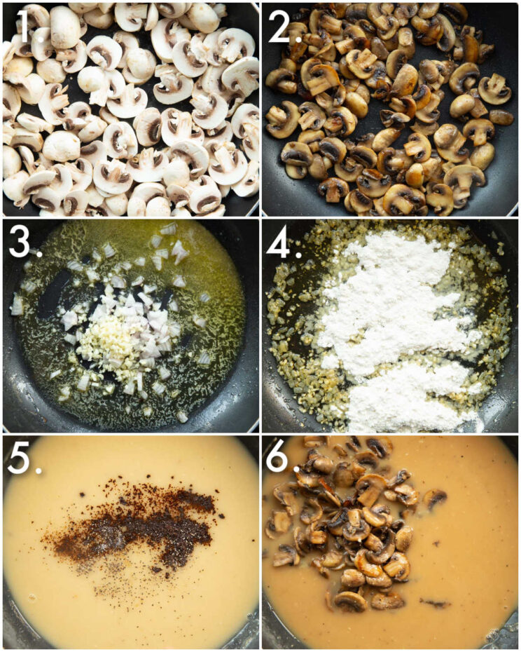 6 step by step photos showing how to make mushroom gravy