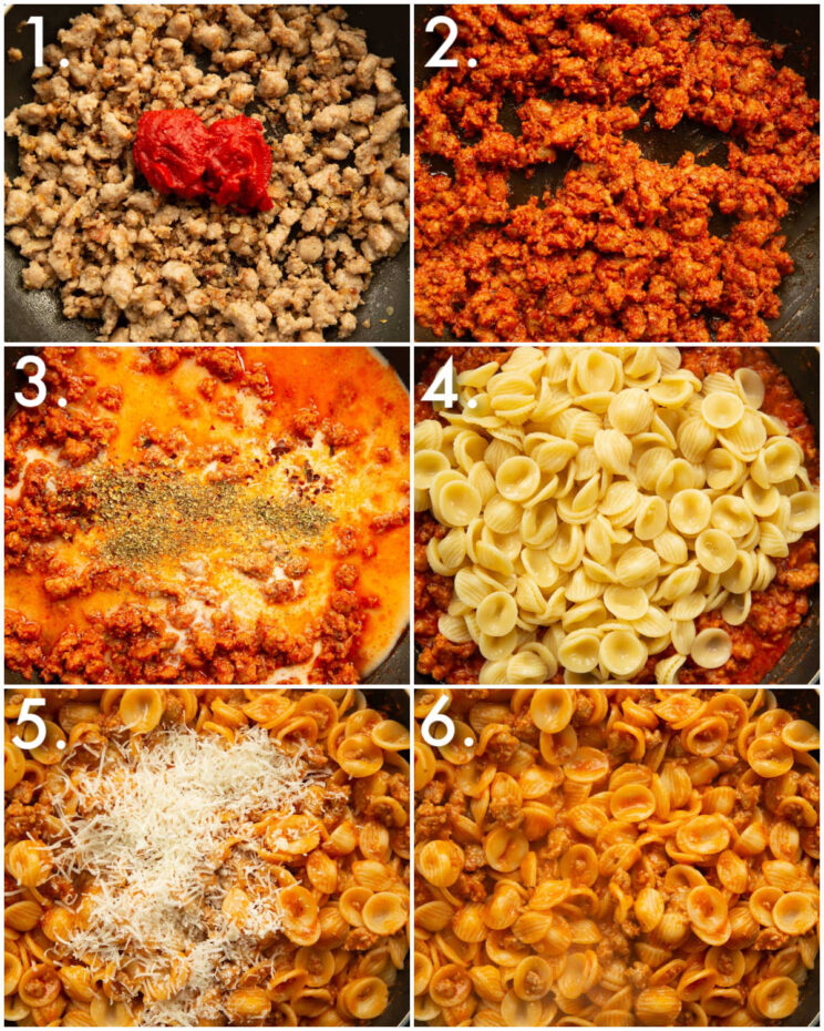 6 step by step photos showing how to make sausage orecchiette
