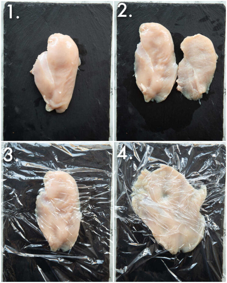 4 step by step photos showing how to prepare chicken schnitzel