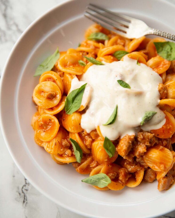 orecchiette with sausage and bechamel sauce in white bowl and silver fork in background