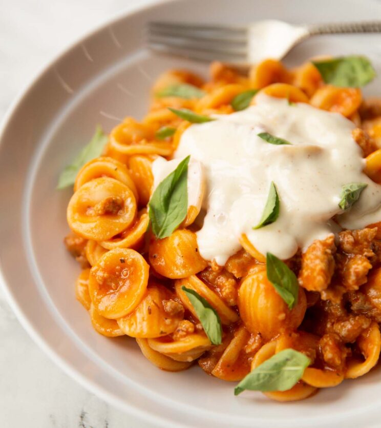 close up shot of orecchiette with sausage with bechamel sauce garnished with fresh basil in white bowl