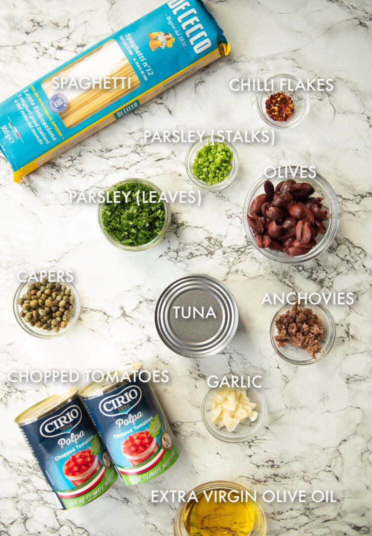overhead shot of tuna puttanesca ingredients with text labels