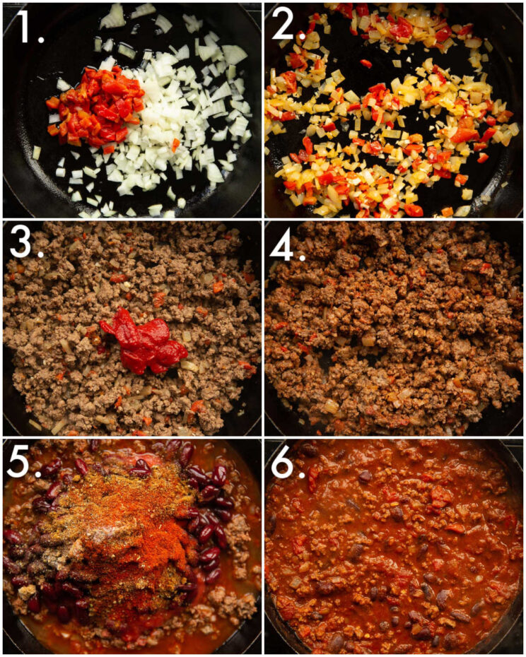 6 step by step photos showing how to make chilli