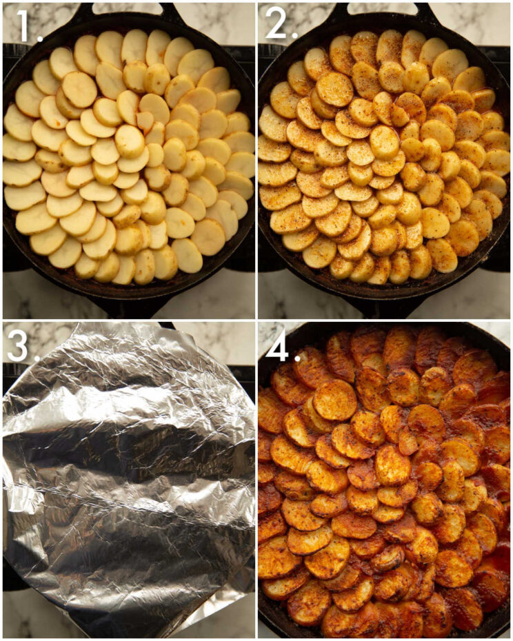 4 step by step photo showing how to make beef hotpot