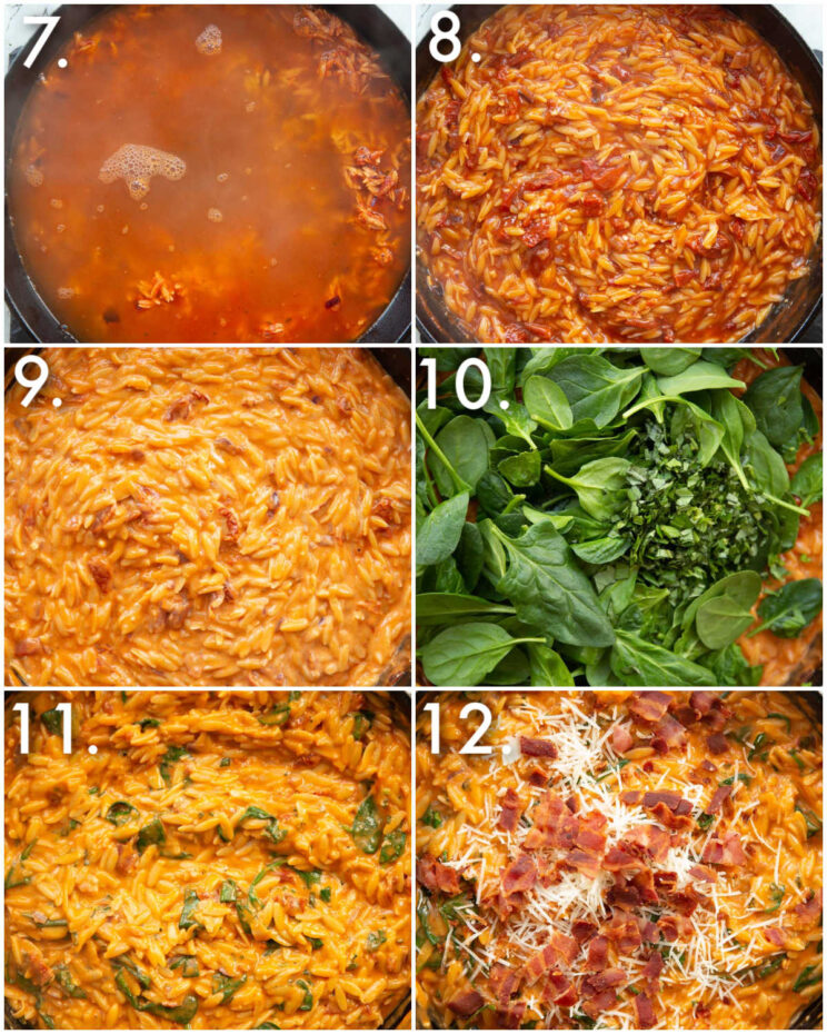 6 step by step photos showing how to make tomato bacon spinach orzo