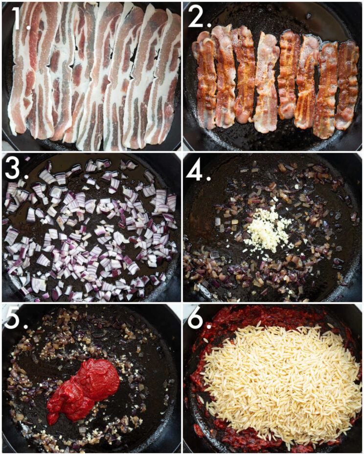 6 step by step photos showing how to make tomato bacon spinach orzo