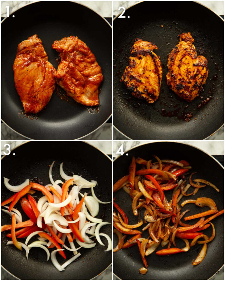 4 step by step photos showing how to cook chipotle chicken