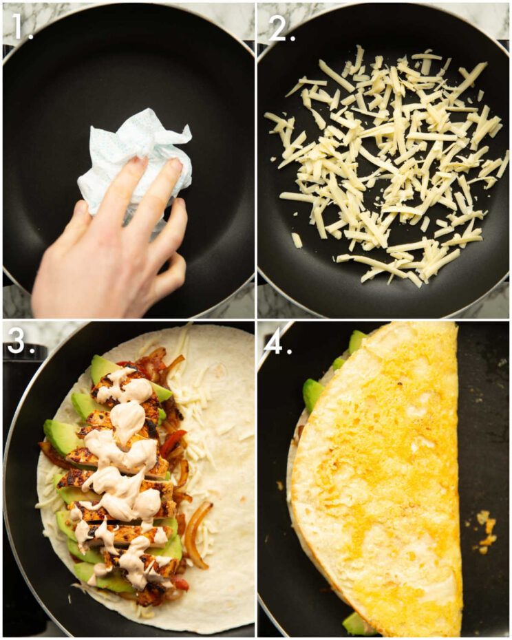 4 step by step photos showing how to make cheese crusted quesadillas