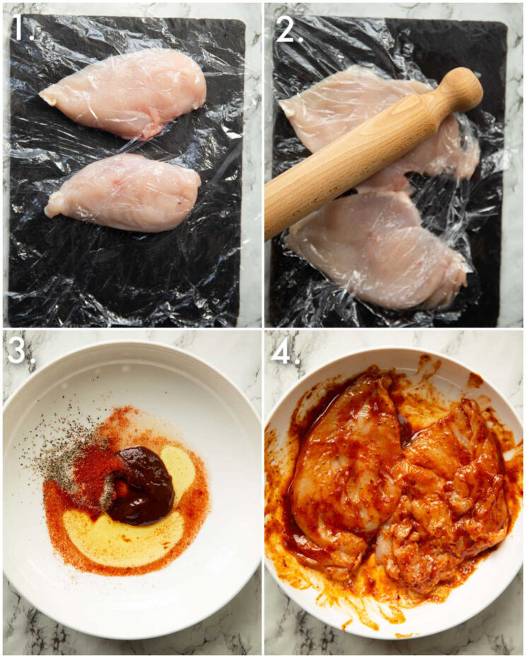 4 step by step photos showing how to prepare chipotle chicken