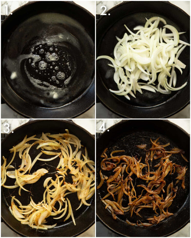 4 step by step photos showing how to caramelize onions