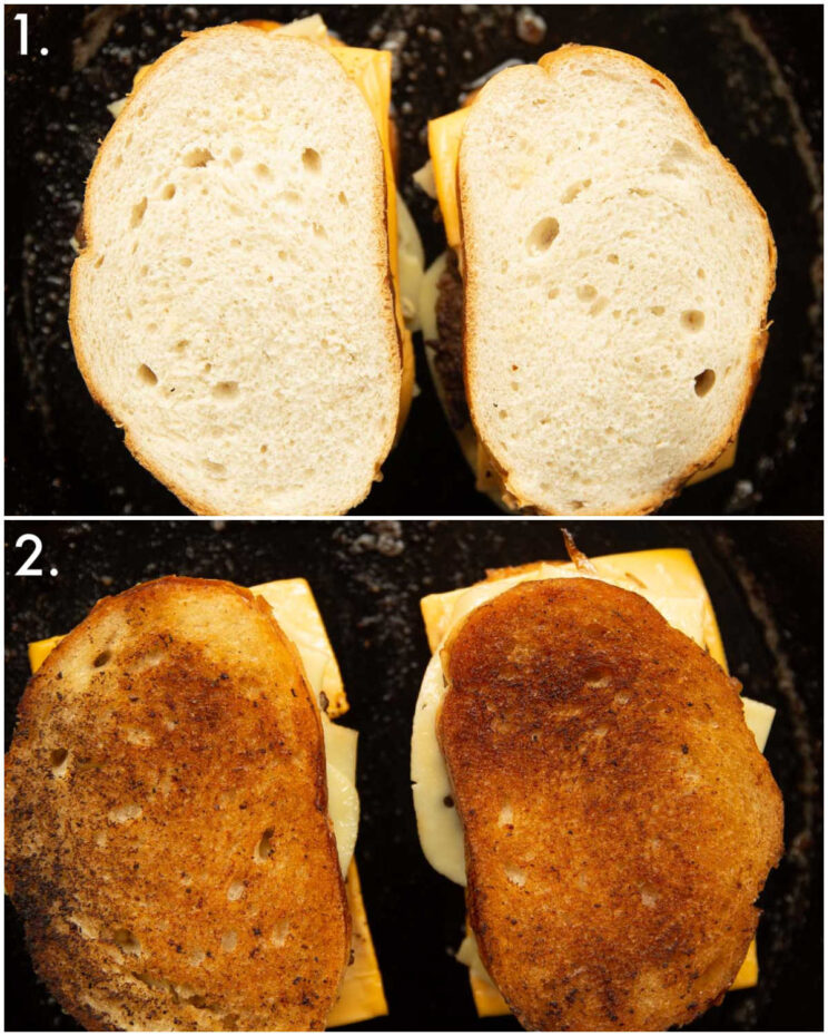 2 step by step photos showing how to cook a patty melt