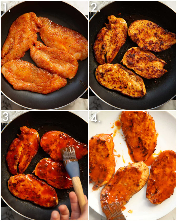 4 step by step photos showing how to cook buffalo chicken 