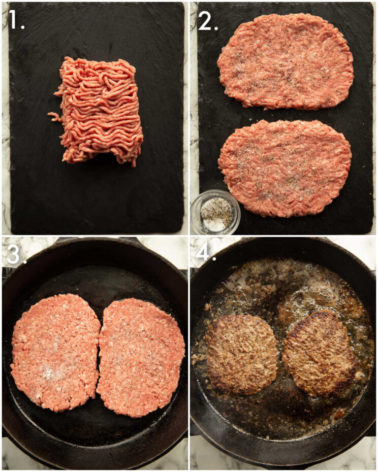 4 step by step photos showing how to make a patty