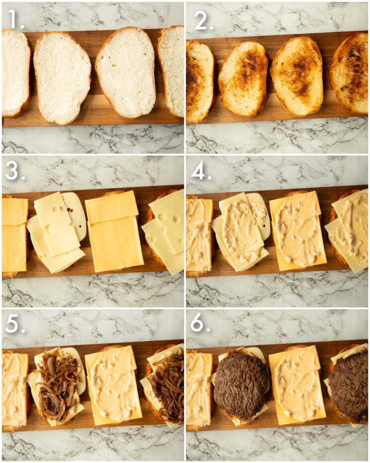 6 step by step photos showing how to make a patty melt