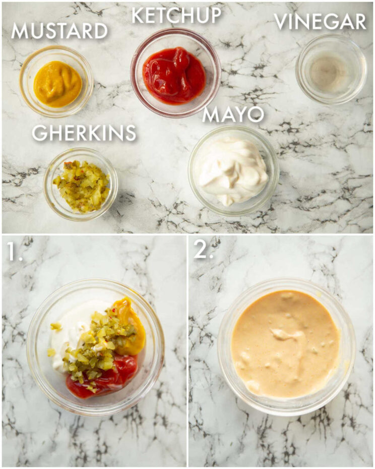 3 step by step photos showing how to make animal style sauce