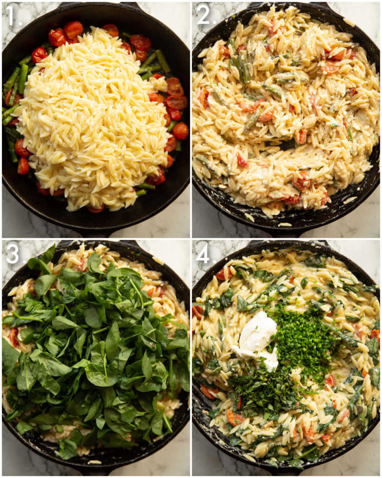 4 step by step photos showing how to make baked feta orzo