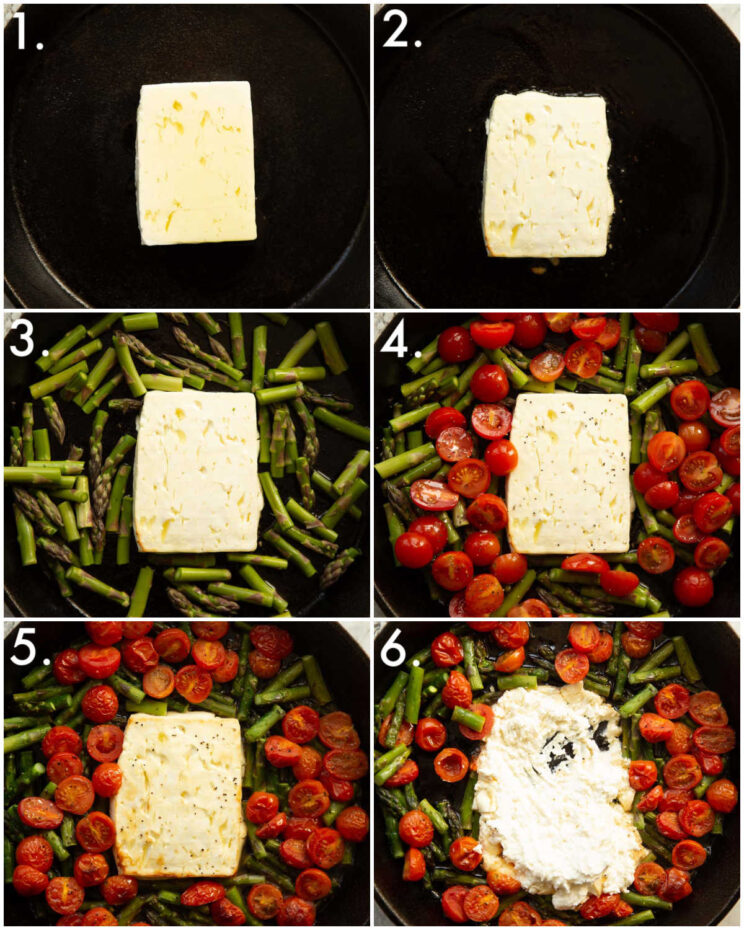 6 step by step photos showing how to make baked feta sauce