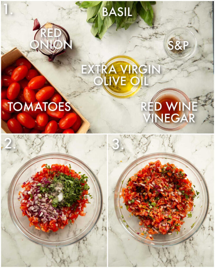 3 step by step photos showing how to make bruschetta topping