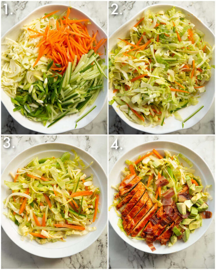 4 step by step photos showing how to make buffalo chicken salad