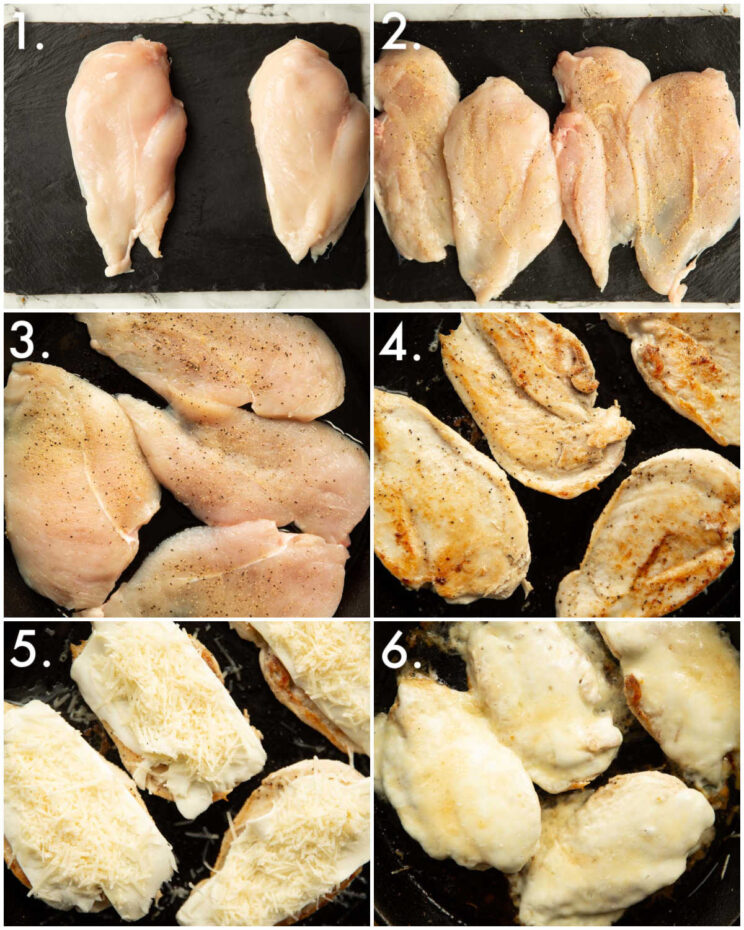 6 step by step photos showing how to make cheesy chicken