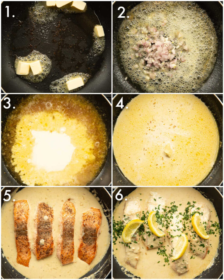 6 step by step photos showing how to make creamy lemon salmon