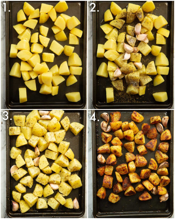 4 step by step photos showing how to make Greek roasted potatoes