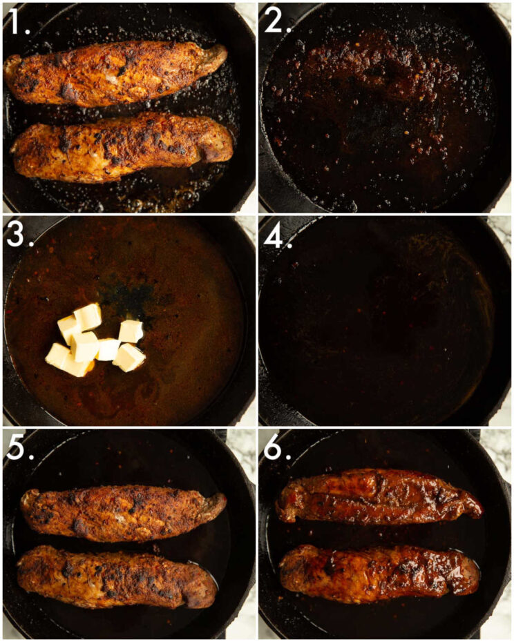 6 step by step photos showing how to make honey butter cajun pork tenderloin