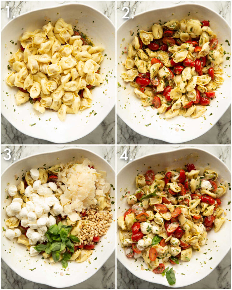 4 step by step photos showing how to make tortellini pasta salad