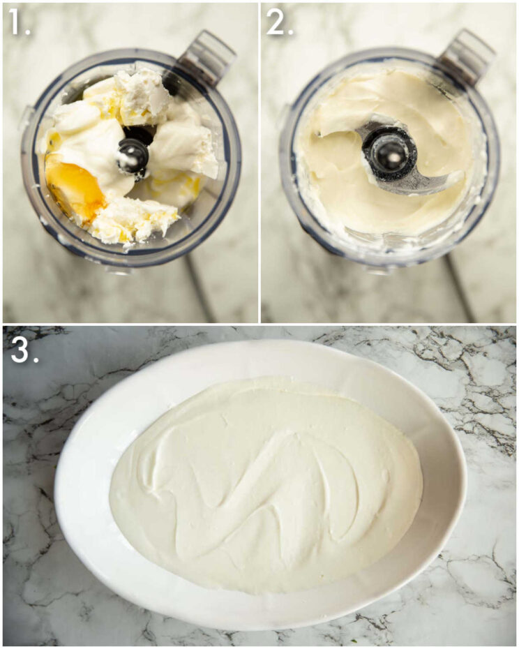 3 step by step photos showing how to make whipped feta