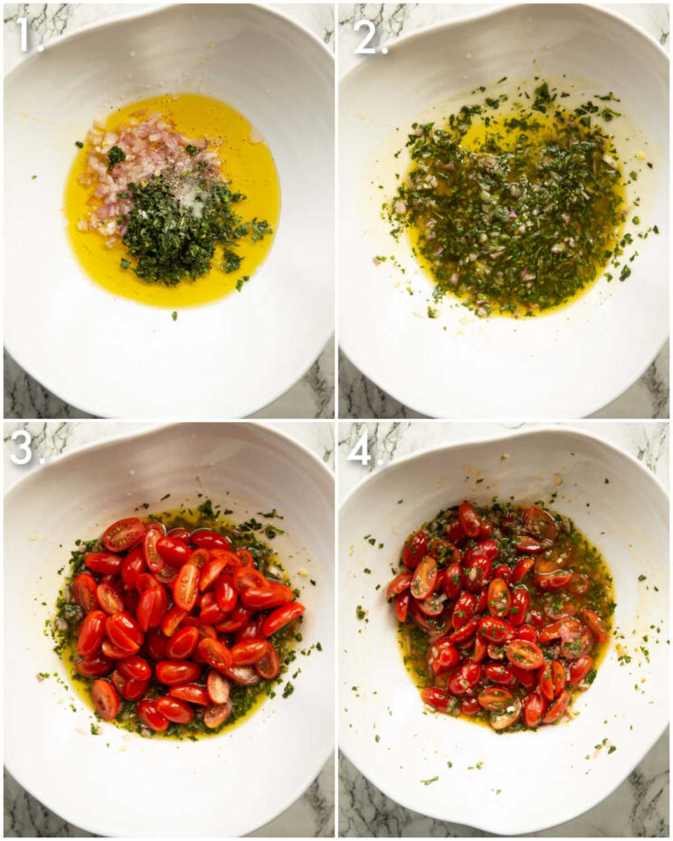 4 step by step photos showing how to marinate tomatoes