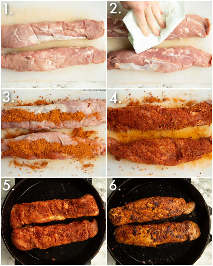 6 step by step photos showing how to prepare cajun pork tenderloin
