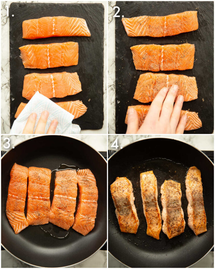 4 step by step photos showing how to prepare salmon fillets