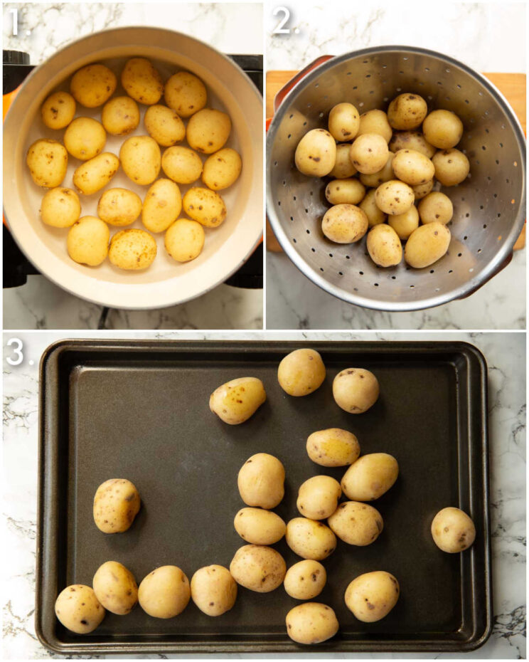3 step by step photos showing how to prepare smashed potatoes