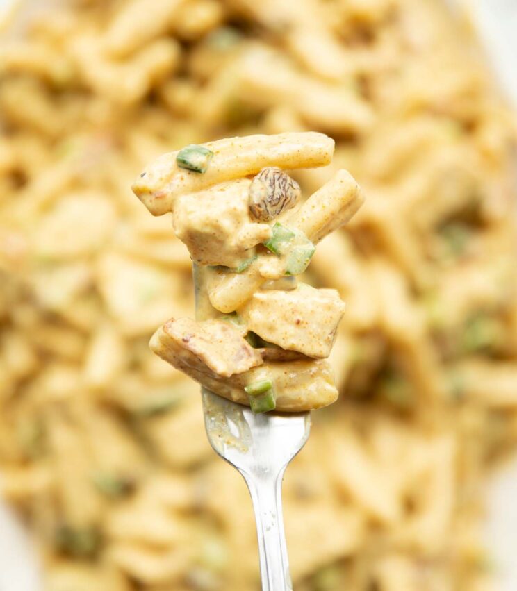 close up overhead shot of fork holding coronation chicken bacon pasta salad