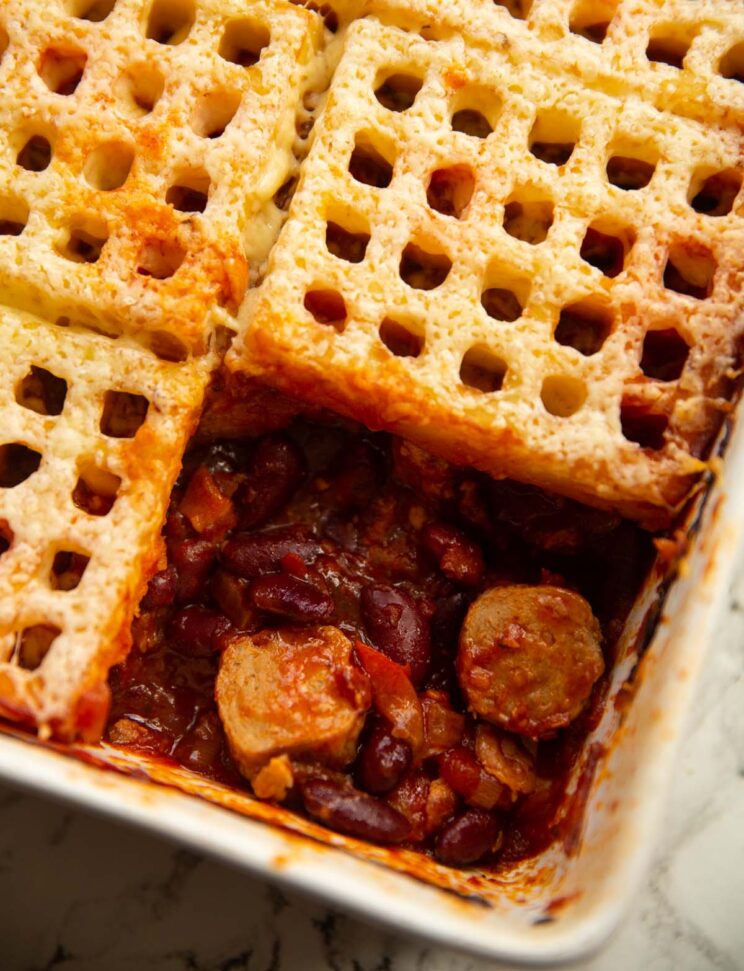 close up shot of cowboy pie showing filling in baking dish