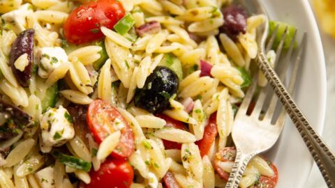 close up shot of greek orzo pasta salad in white bowl with 2 silver forks