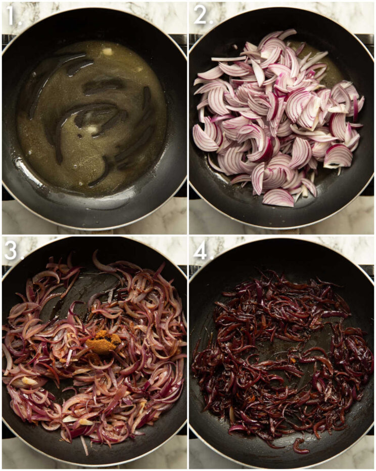 4 step by step photos showing how to caramelise onions