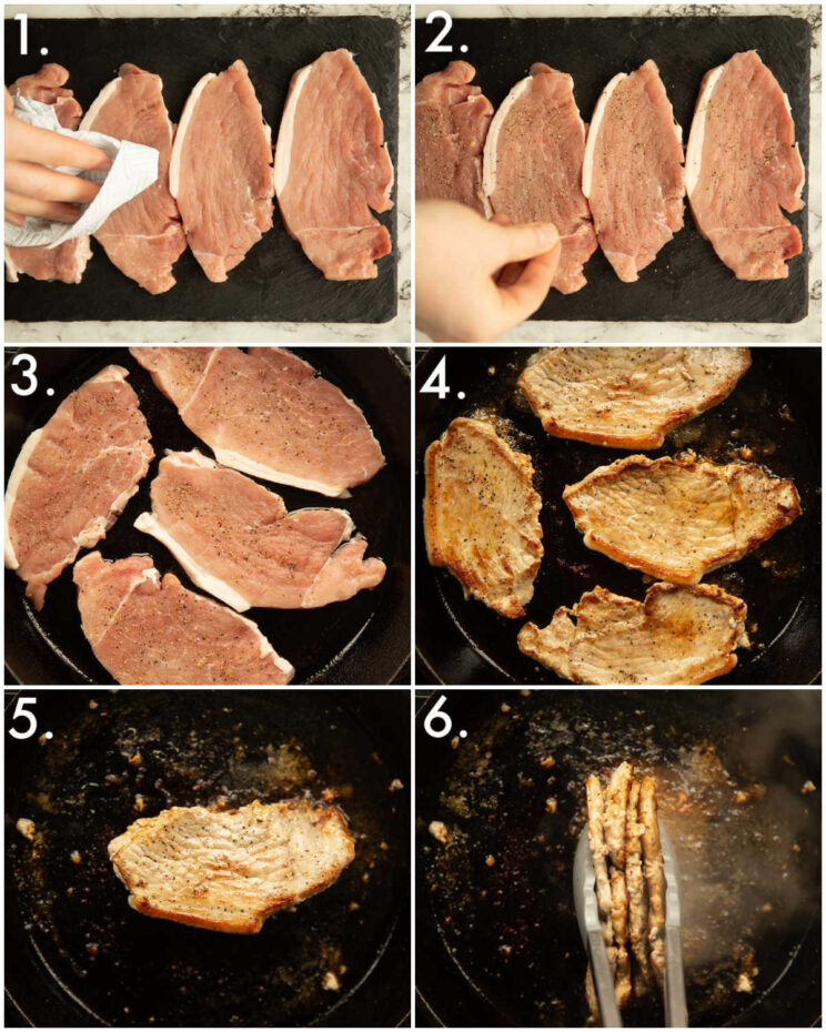 6 step by step photos showing how to cook pork chops