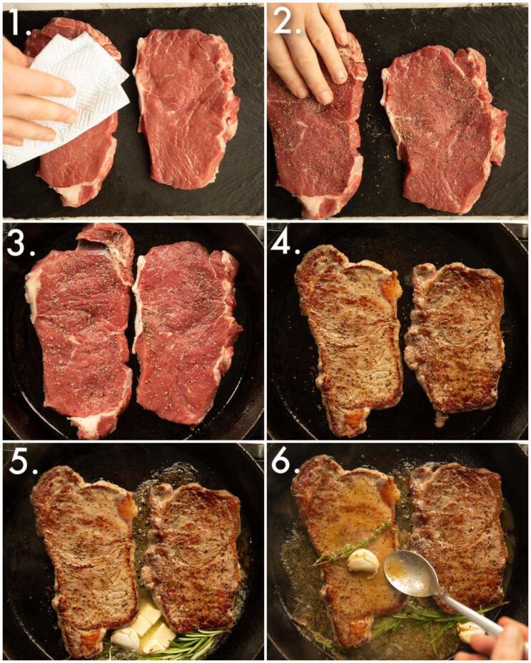6 step by step photos showing how to cook steak