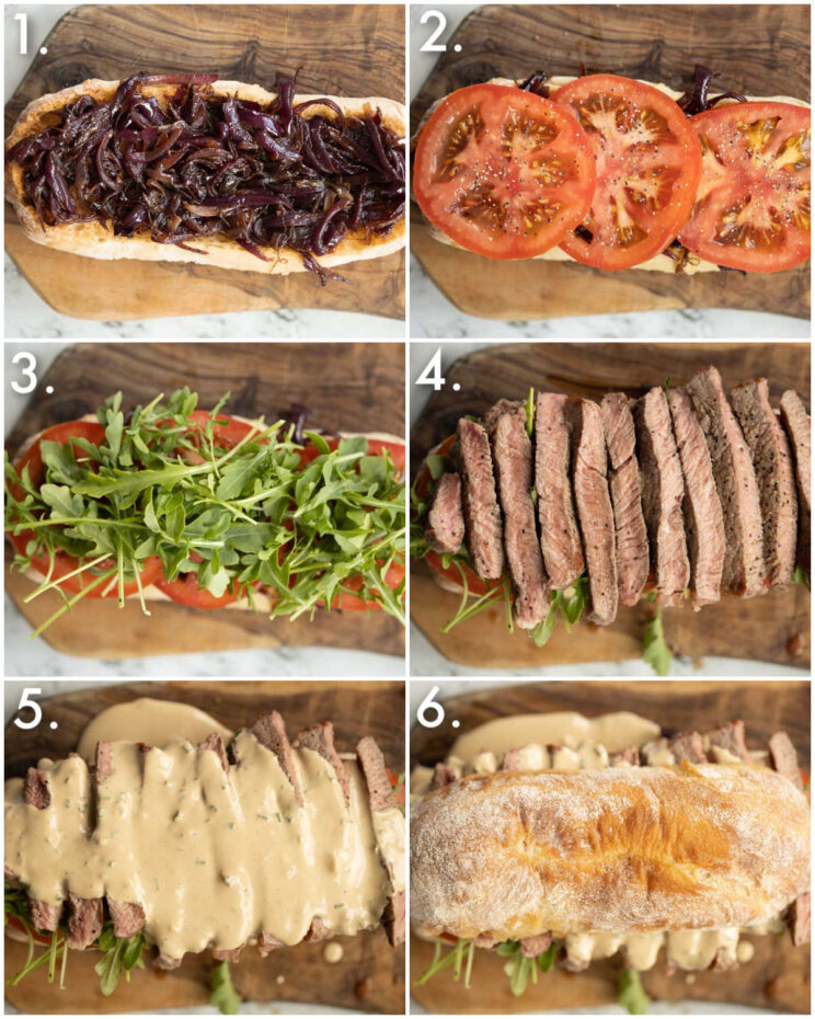 6 step by step photos showing how to make a steak sandwich