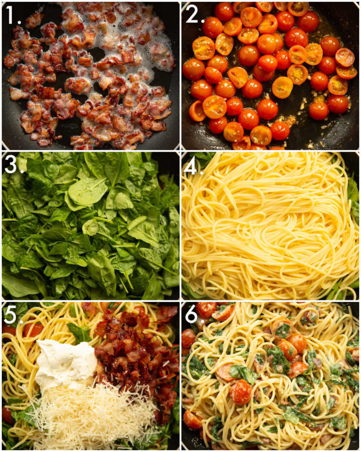 6 step by step photos showing how to make blt pasta
