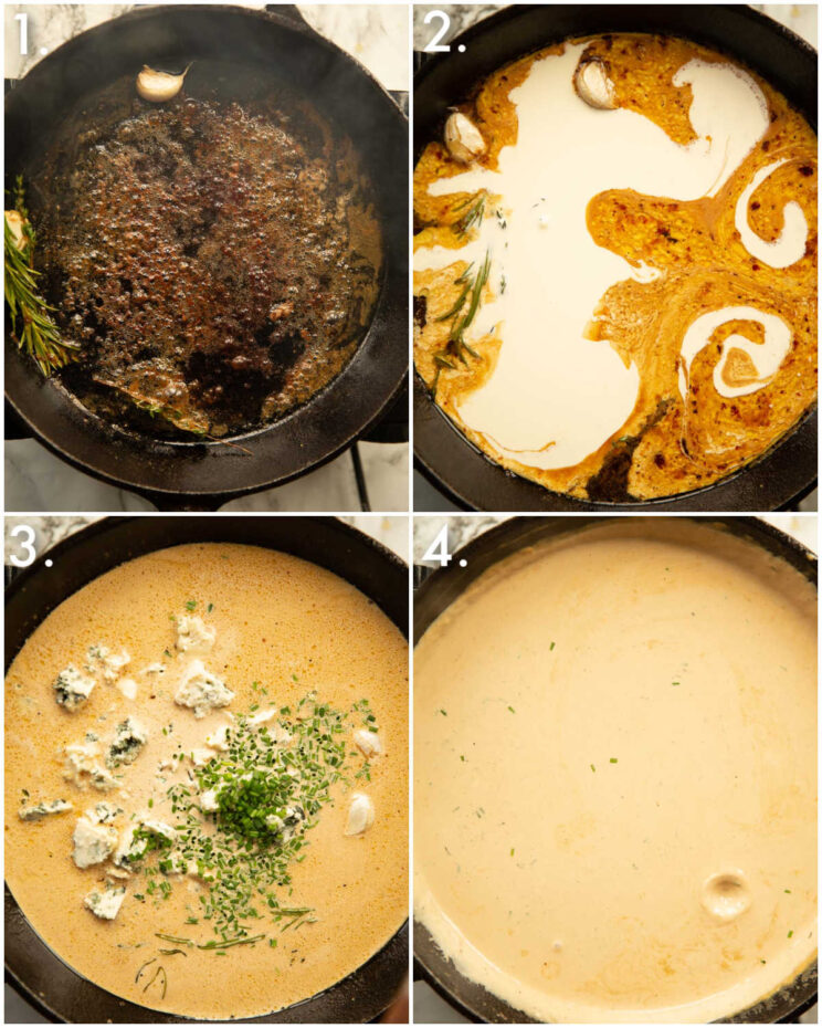 4 step by step photos showing how to make blue cheese sauce for steak