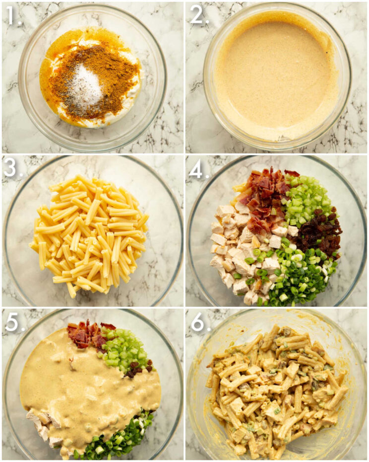 6 step by step photos showing how to make coronation chicken pasta salad