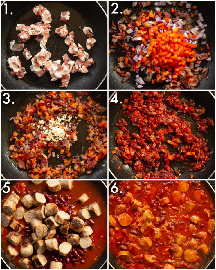 6 step by step photos showing how to make cowboy pie filling