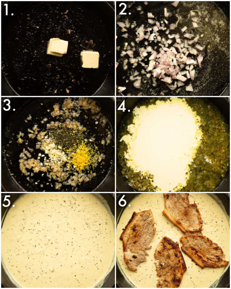 6 step by step photos showing how to make creamy lemon thyme pork chops