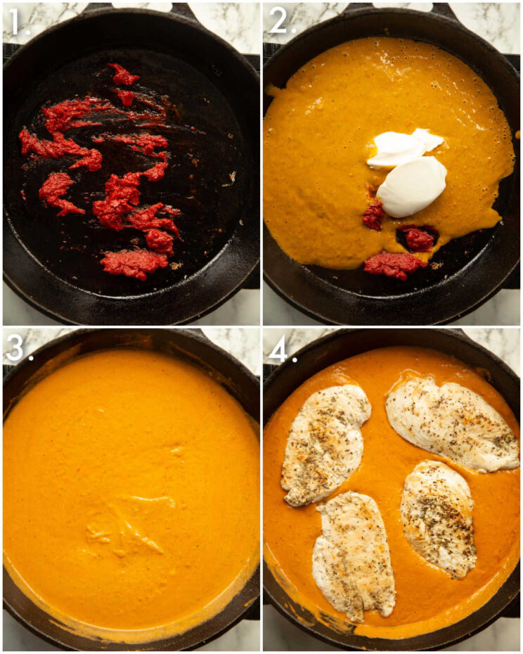 4 step by step photos showing how to make creamy tomato chicken