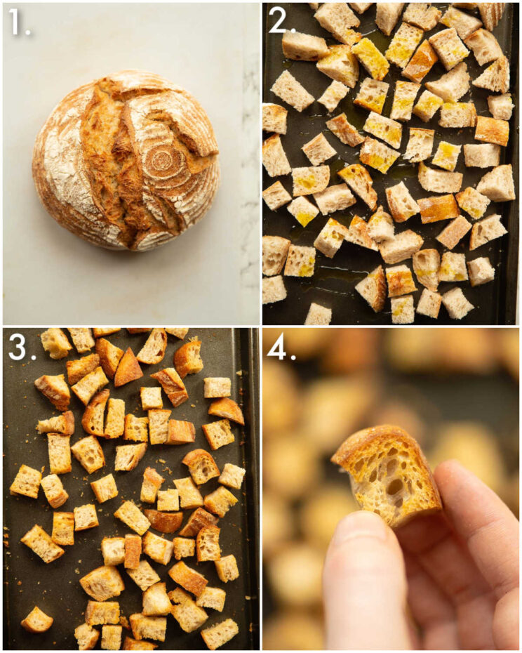 4 step by step photos showing how to make croutons