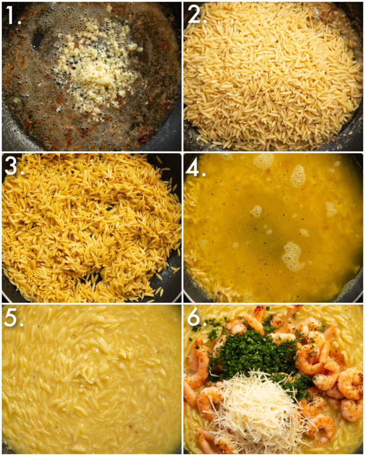 6 step by step photos showing how to make garlic butter prawn orzo